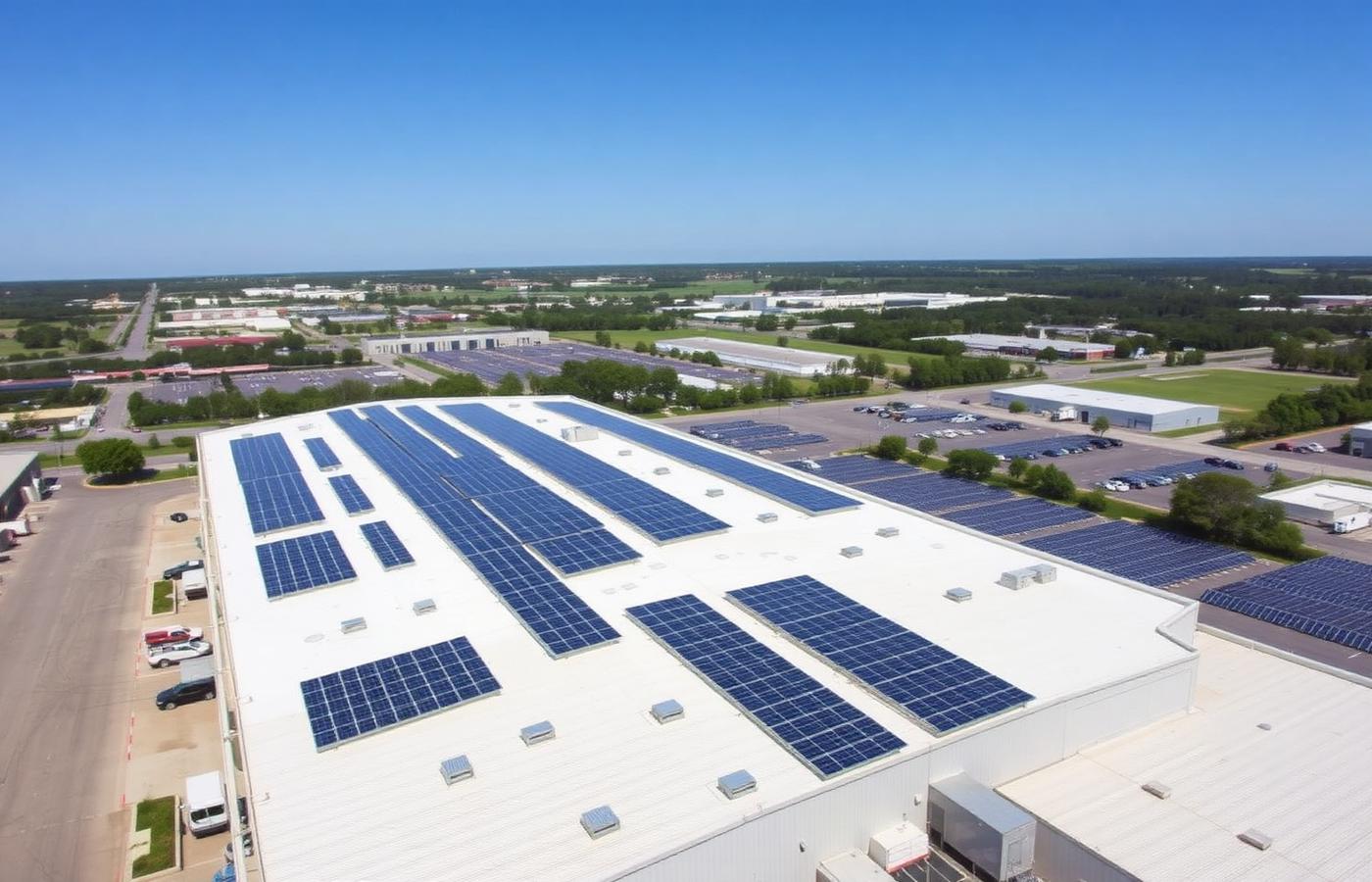 Aerial view of a commercial warehouse roof covered in solar panels