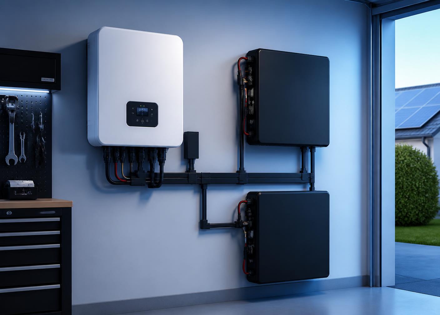 Wall-mounted hybrid inverter with two lithium batteries neatly installed in a garage